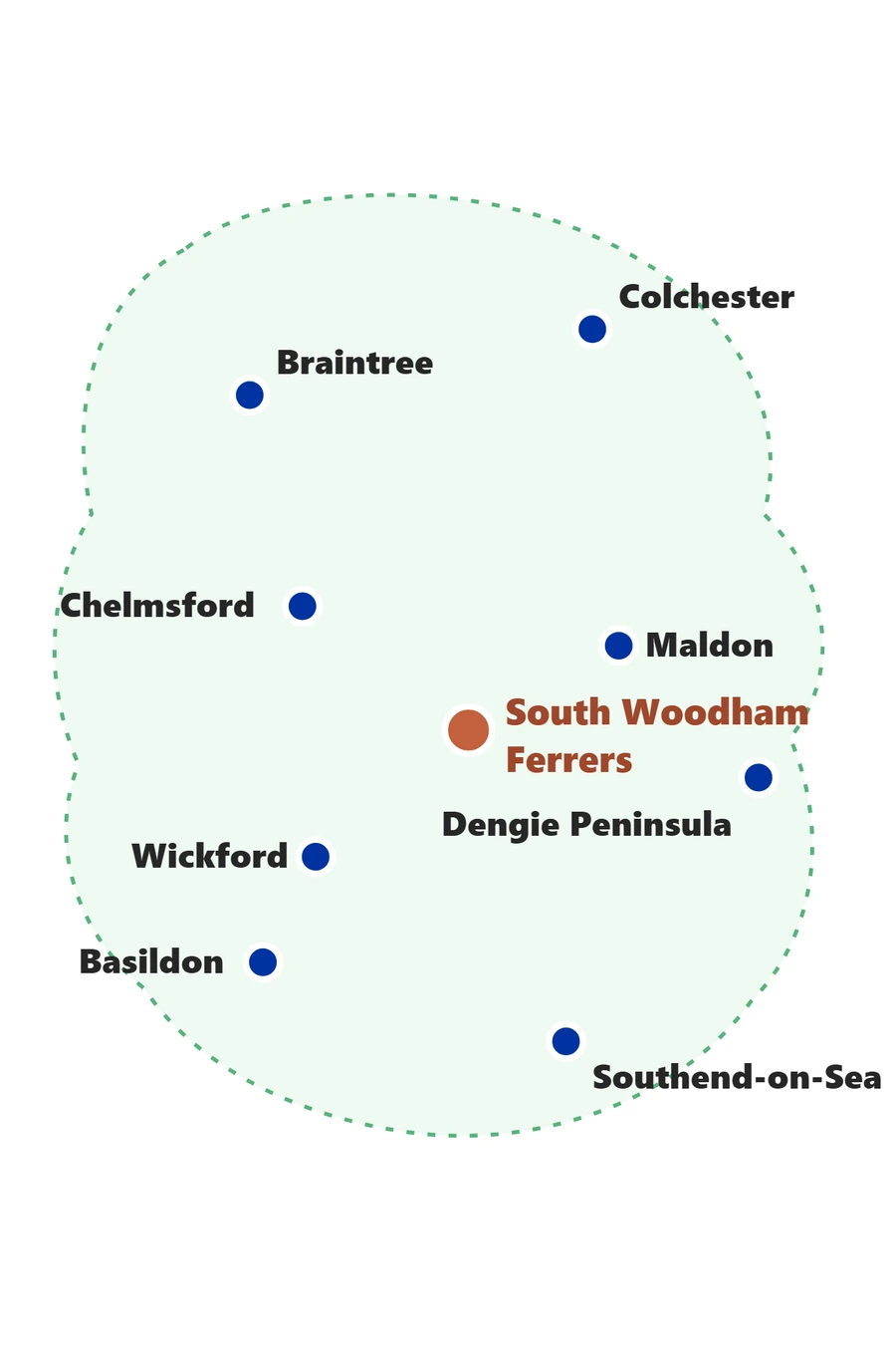 Map of Essex showing South Woodham Ferrers as Jennie's home base, with Chelmsford, Braintree, Colchester, Maldon, the Dengie Peninsula, Wickford, Basildon and Southend-on-Sea marked as areas covered