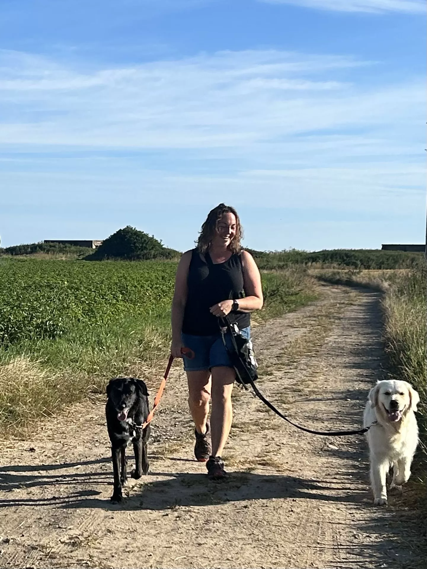 Jennie walking with two dogs along a countryside path