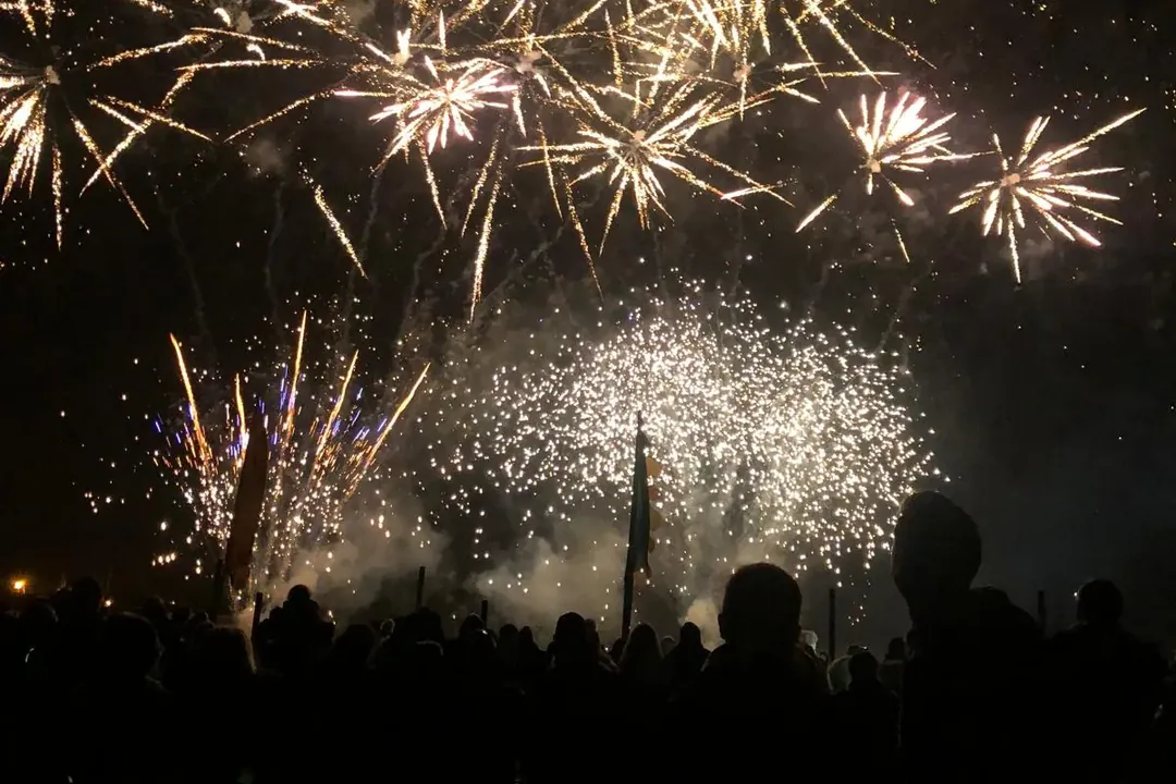 Fireworks bursting over a crowd at the Marsh Farm display in South Woodham Ferrers