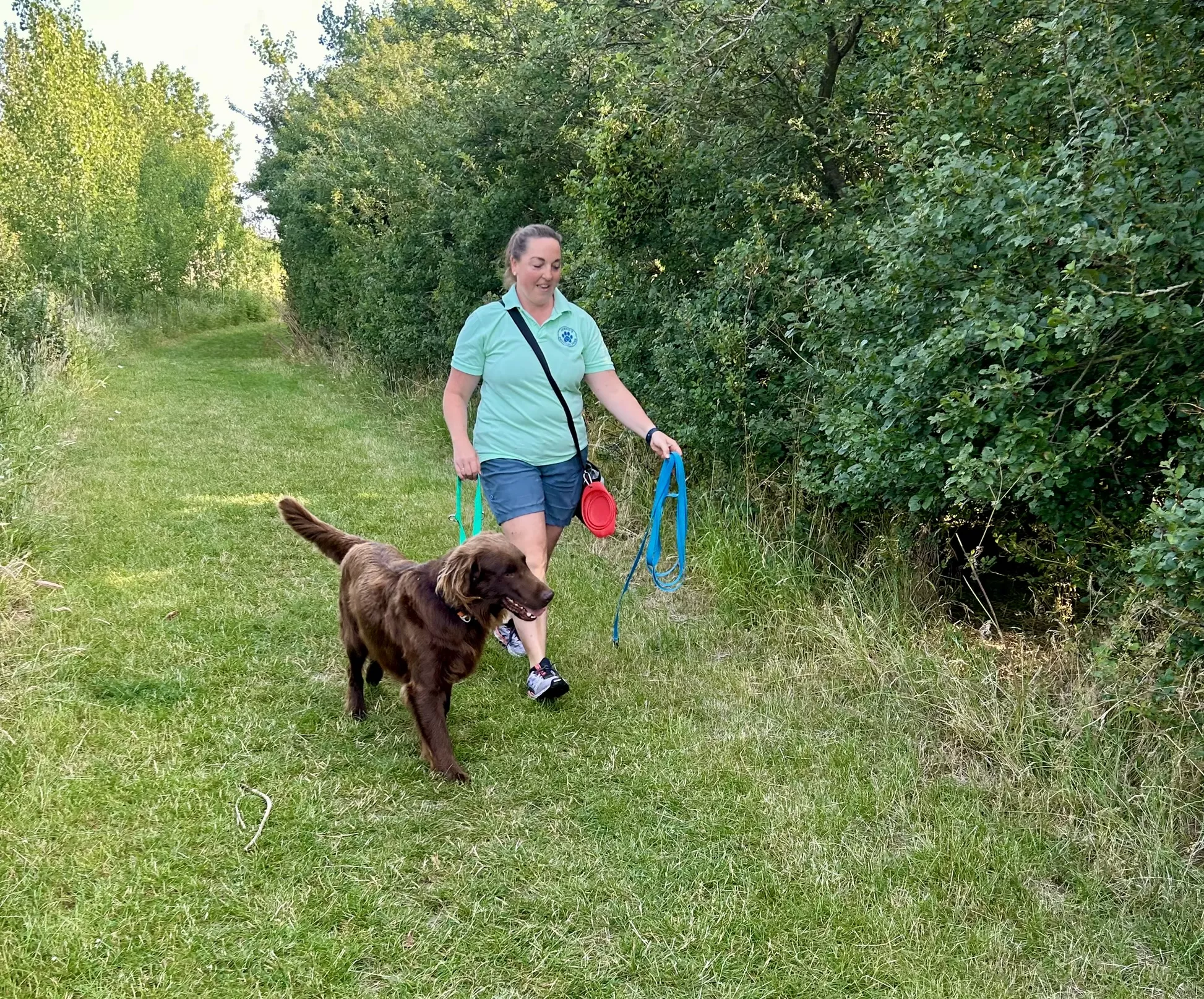 Jennie walking calmly with a dog on a grassy local route