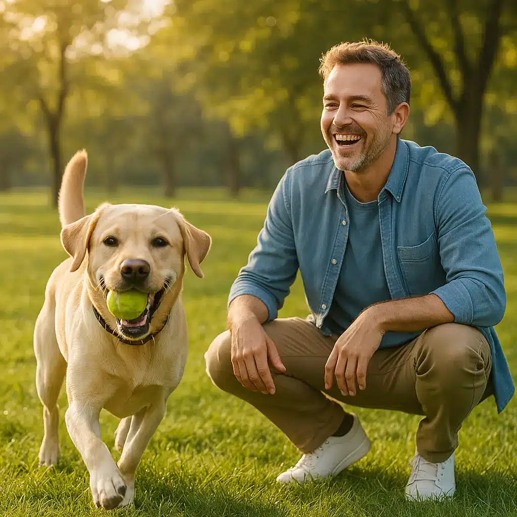 male dog owner and his well behaved dog, now playing together
