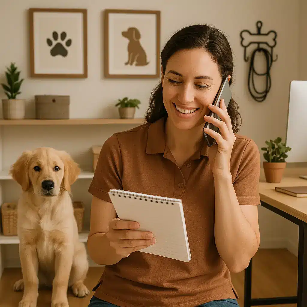a warm, inviting image of a woman dog trainer on a phone call, smiling while holding a notepad.