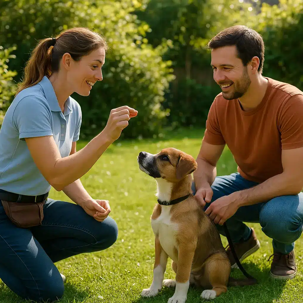 female dog trainer doing Dog Behaviour Training in Essex working with a puppy and its owner in a sunny garden