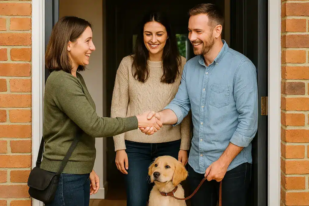 dog walker greeting dog and owners at the front door during a Meet and Greet consultation in South Woodham Ferrers, beginning their puppy training journey.