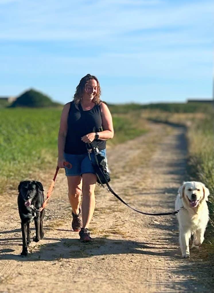 Jennie Dayer Swan walking two dogs who have excelled at dog behaviour training and now walking calmly