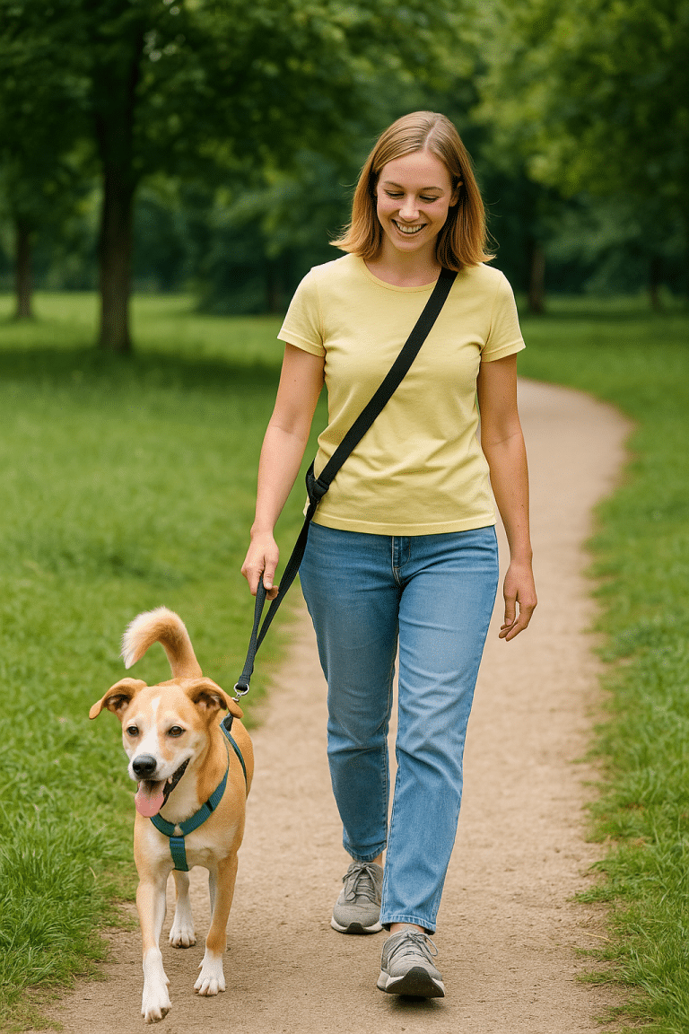 lady calmly walking a dod in park
