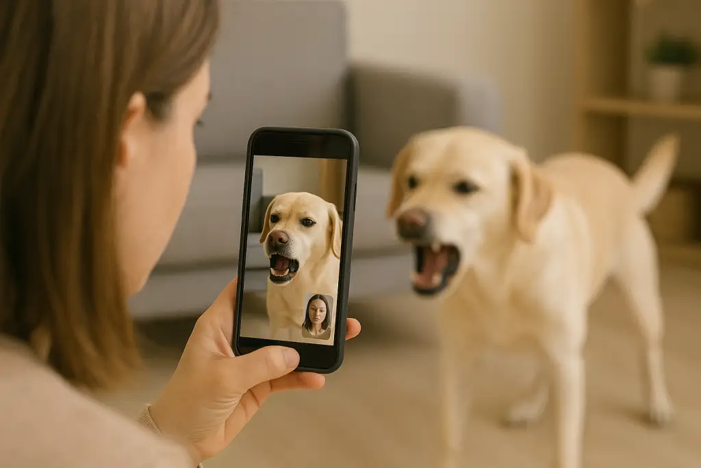 Woman filming reactive dog during video call with behaviourist for online consultation