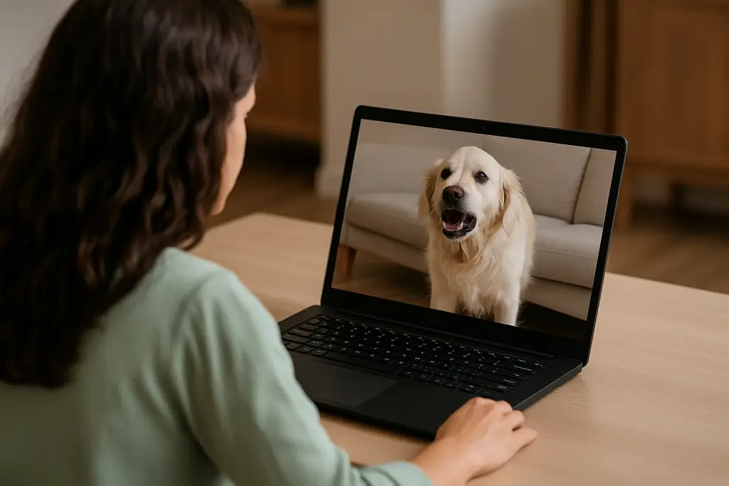 Dog behaviourist watching reactive Golden Retriever on laptop during online consultation